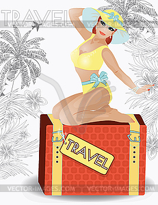 Summer travel beauty girl pinup, vector illustration - stock vector clipart