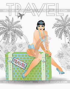 Summer travel sexy pin up woman, vector illustration - vector image