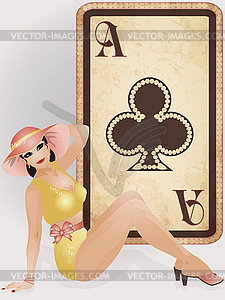 Clubs poker card with pin up sexy girl, vector  - vector image