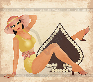 Casino Spades poker cards pin up woman, vector illustra - vector image