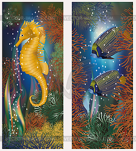 Underwater banner with seahorse, fish, vector - vector clipart