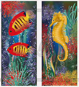 Underwater banners with seahorse and red tropical fish - royalty-free vector image
