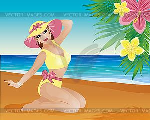 Pin up summer sexy girl and palm flowers, vector  - royalty-free vector image