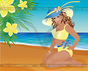 Summer pin up girl and palm flowers, vector  - vector clip art