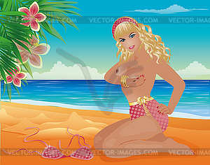 Summer beach sexy pin up girl, vector illustration - vector image