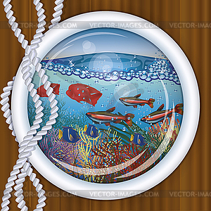 Ship porthole tropical underwater background - vector clip art