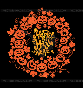 Halloween card - orange silhouette of pumpkins on - vector clip art