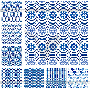 Set of seamless patterns - blue ceramic tiles with - vector clipart