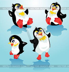 Set with funny penguins on blue icy background, - vector image