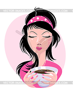 Lovely girl holding cup of delicious coffee - vector image