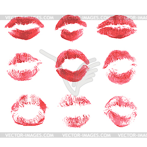 Set of beautiful red lips print on white background - vector clip art