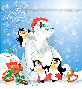 Card with funny penguins and polar bear with - vector clip art