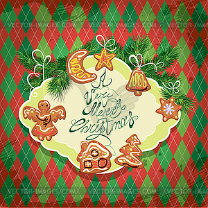 Card of xmas gingerbread - cookies in angel, star, - color vector clipart