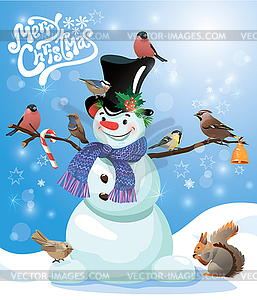 Card with funny snowman and birds on blue snow - vector clip art