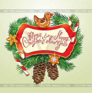 Card with xmas gingerbread, candy canes and fir-tre - vector EPS clipart