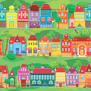 Seamless pattern with decorative colorful houses, - vector image