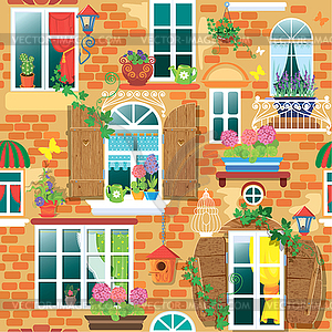 Seamless pattern with Windows and flowers in pots. - vector image