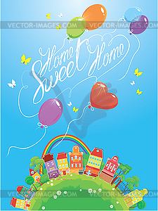 Decorative colorful houses, trees, rainbow and - vector clip art