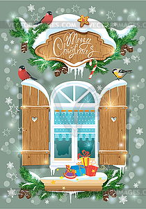 Christmas and New Year card with wooden frosty - vector image