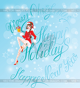 Brunette Pin Up Christmas Girl wearing Santa Claus - vector clipart