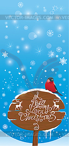 Vretical card with bullfinch bird and wooden sign o - color vector clipart