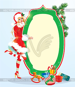 Blond xmas Girl wearing Santa Claus suit staying - vector clip art