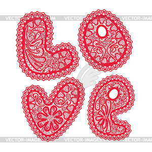 Word LOVE is made of red pattern of openwork lace - vector clipart / vector image