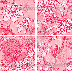 Set of 4 Floral Seamless Patterns in pink colors - vector image