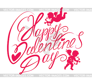 Handwritten text Happy Valentine`s Day and angels - vector image