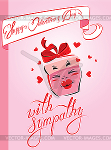 Holiday card with pretty pink gift box cartoon and - color vector clipart