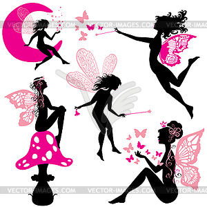 Set of silhouette fairy girls with butterflies and - vector clipart / vector image