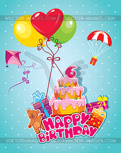 Baby birthday card with teddy bear, balloons, big - vector image