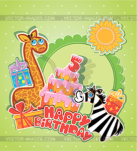 Baby birthday card with girafe and zebra, big cake - vector clipart