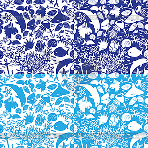 Set of seamless nautical patterns in blue colors - vector image