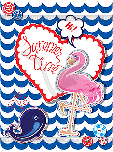 Funny Card with pink flamingo and blur whale on - vector clipart