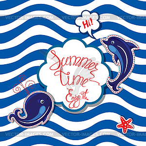 Funny Card with blue whale and dolphin on striped - vector image