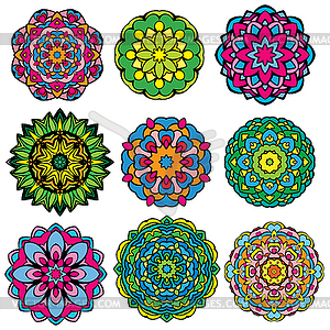 Set of 9 colorful round ornaments, kaleidoscope - vector clipart