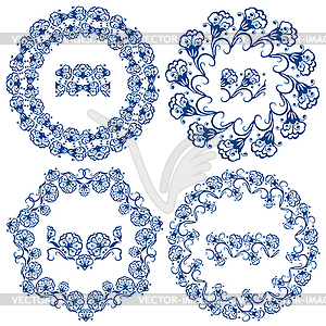 Set of blue floral circle frames. Background in - vector clip art