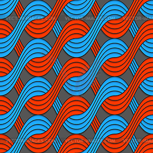 Red and blue embossed interlocking wavy lines - vector image