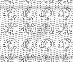 Gray life buoy and anchors on wavy continues lines - vector image