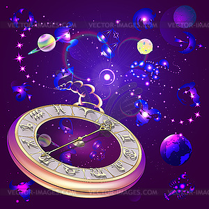 Star background with clock and zodiac signs, - vector clip art