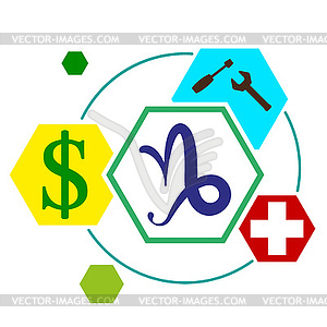 Signs of zodiac in form hexagonal buttons, with - vector clip art