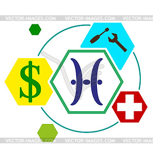 Signs of zodiac in form hexagonal buttons, with - royalty-free vector clipart