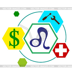 Signs of zodiac in form hexagonal buttons, with - vector clipart
