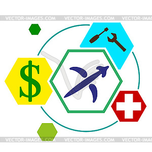 Signs of zodiac in form hexagonal buttons, with - vector image