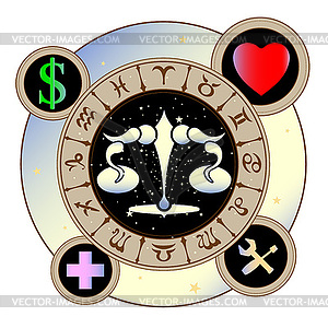 Signs of zodiac icons medicine, work, heart, - vector image