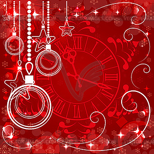 Red Christmas background with clock , - vector clipart