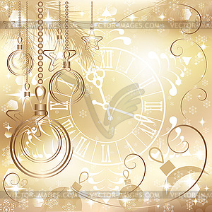 Gold Christmas background with clock , - vector clipart