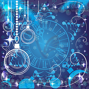 Blue Christmas background with clock , - vector image