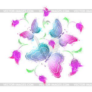 Butterflies and flowers, watercolor - vector clipart